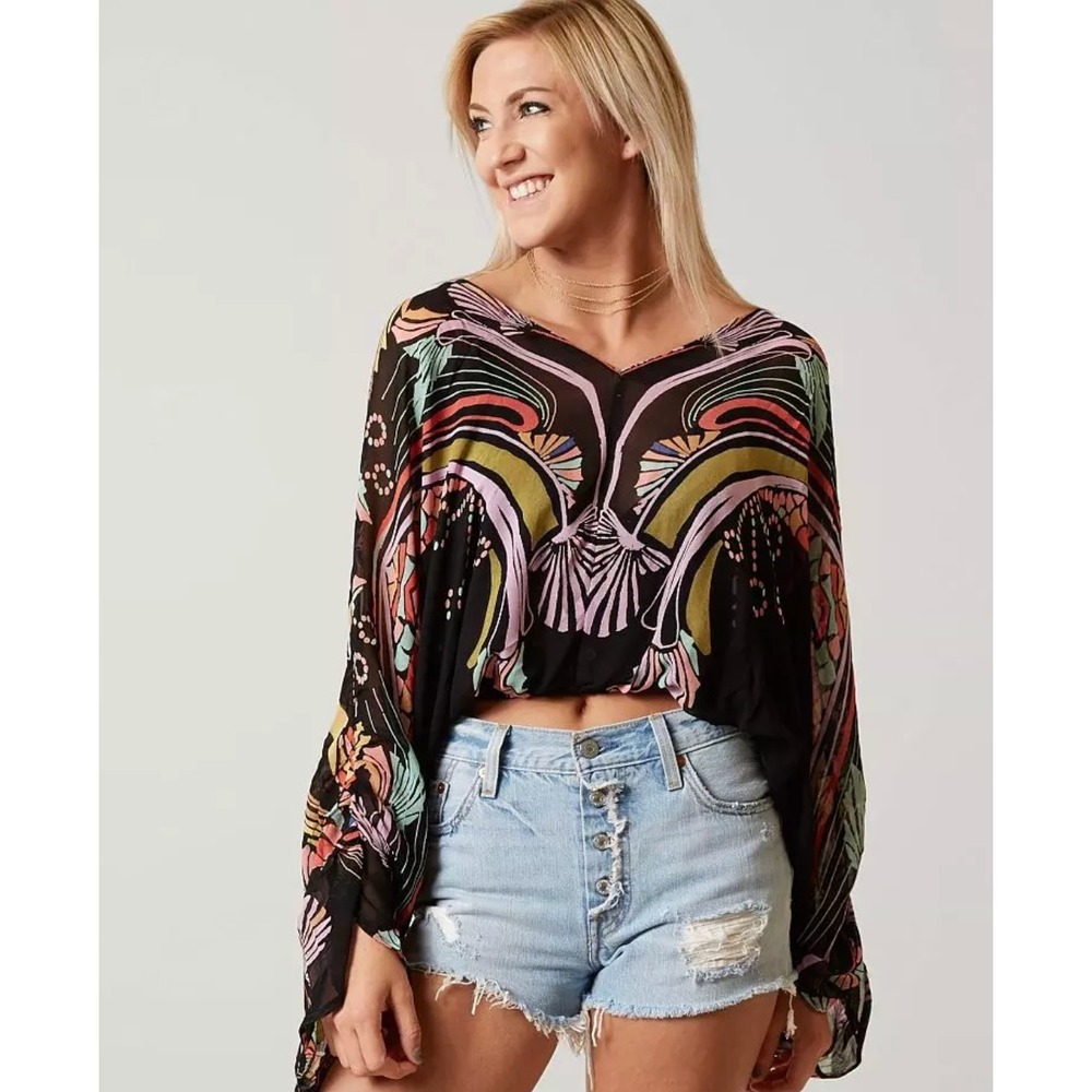 Free People Beneath the Sea Top Black Art Nouveau Print Batwing Blouse Small